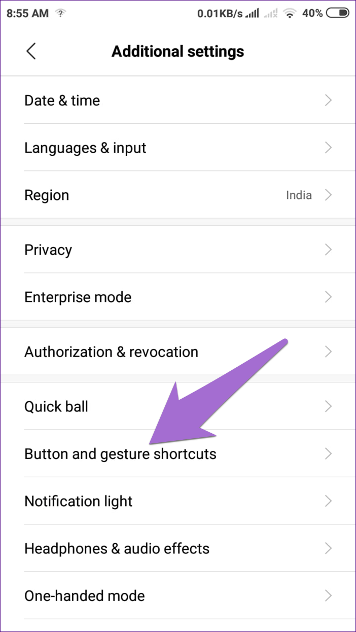 Button and gesture shortcuts